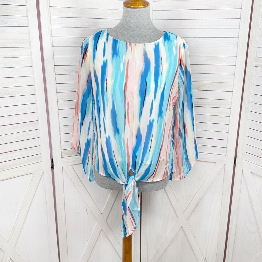 J.T.B. Paint Stroke Print Tie Front Bell Sleeve Blouse White Blue‎ Petite Medium